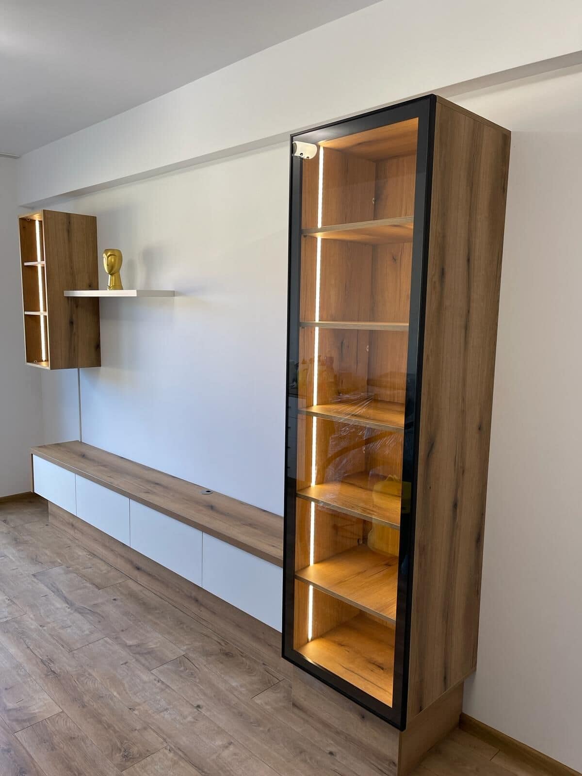 Cameră de zi în care am încorporat șemineul clientului; bibliotecă cu bandă LED și lumină difuză