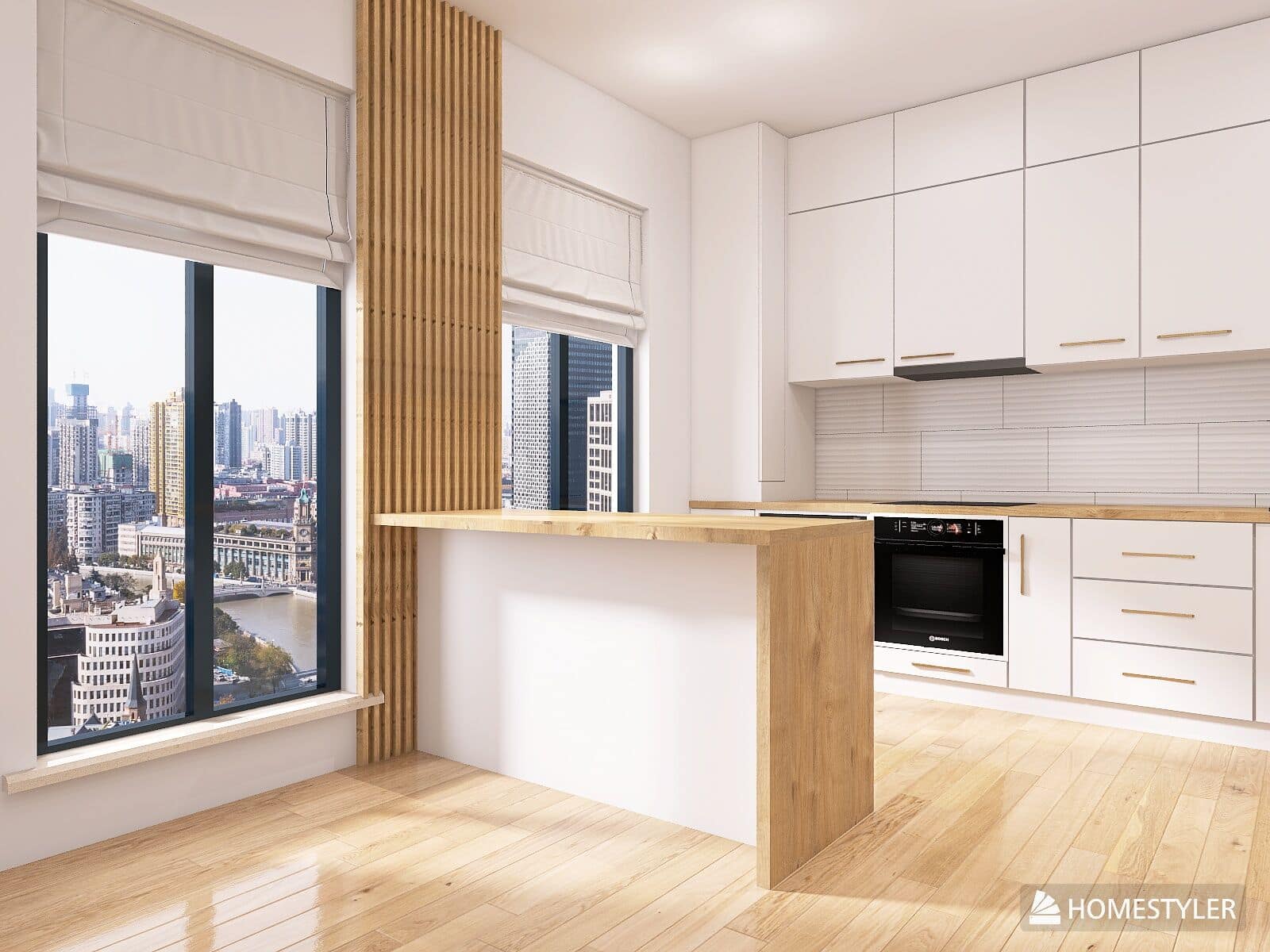 Simulare 3D: Bucătărie deschisă spre living